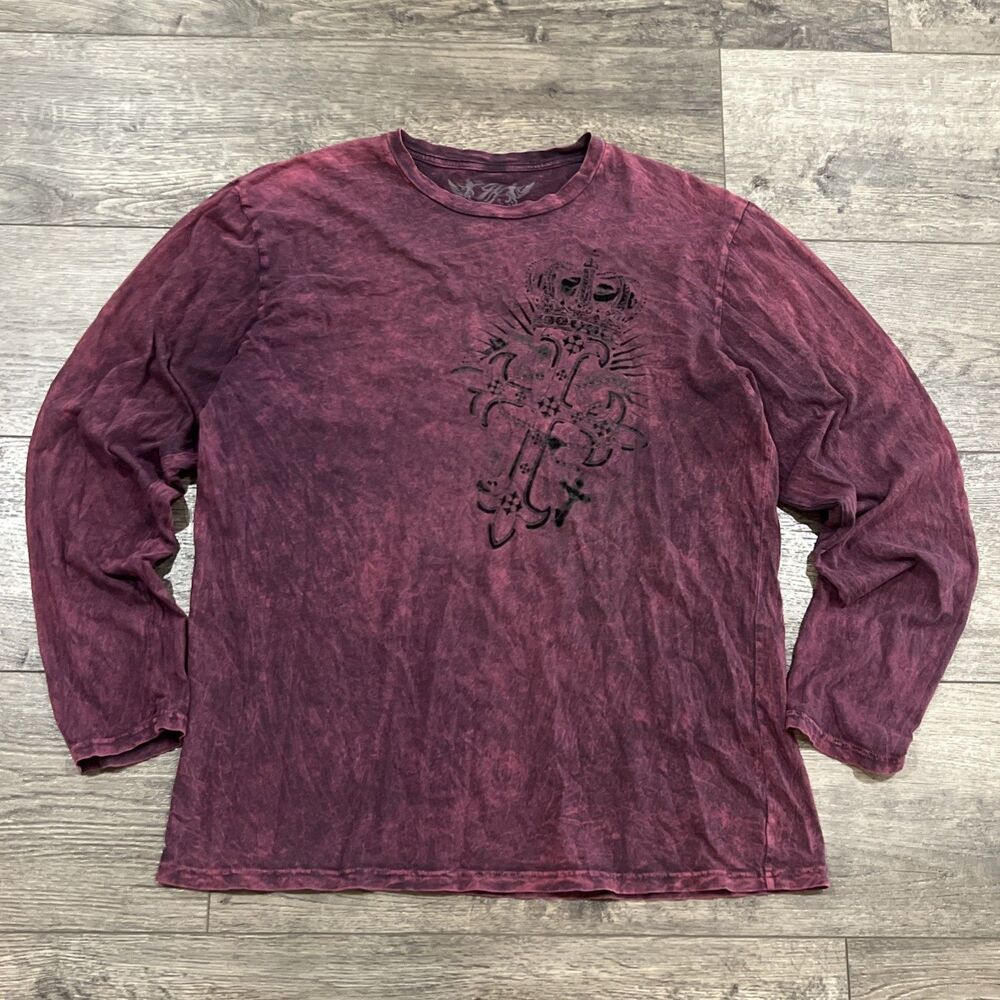 Y2K Hybrid Premium Long Sleeve T Shirt Burgundy Cross Acid Wash Gothic Men's Lg